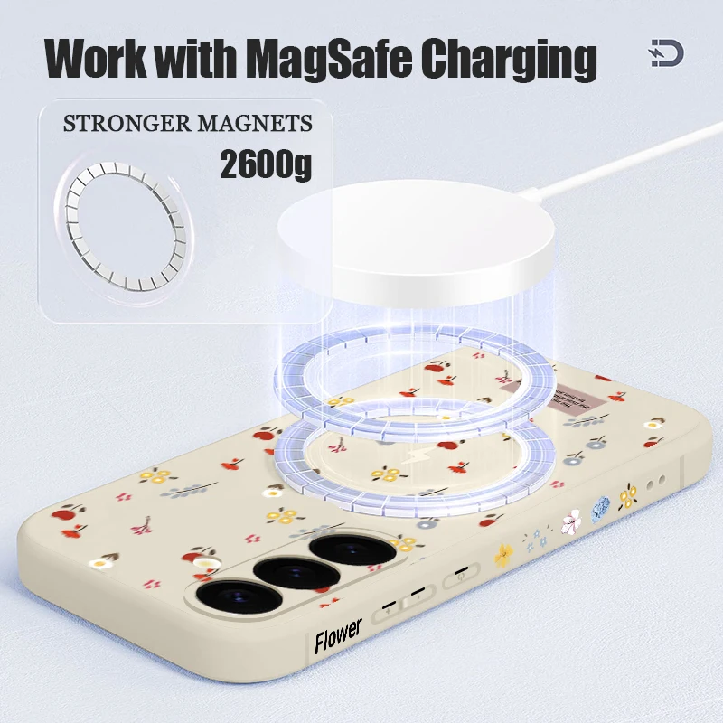 حافظة ناعمة مغناطيسية على شكل زهرة صغيرة لهاتف سامسونج جالاكسي S24 FE S25 S24 S23 S22 Ultra Plus لهاتف Magsafe غطاء حبل للشحن اللاسلكي