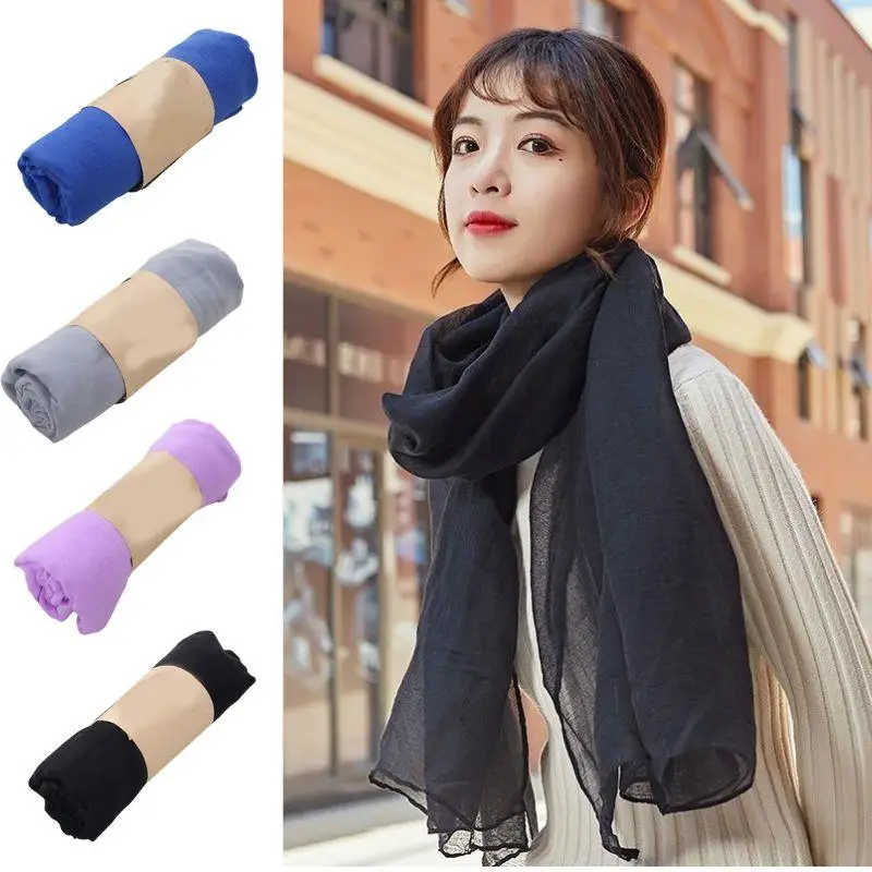 

HOT Women Long Scarf Wrap Scarves Fashion Vintage Cotton Linen Large Shawl Hijab Elegant Solid Purple Black Red 180*45cm