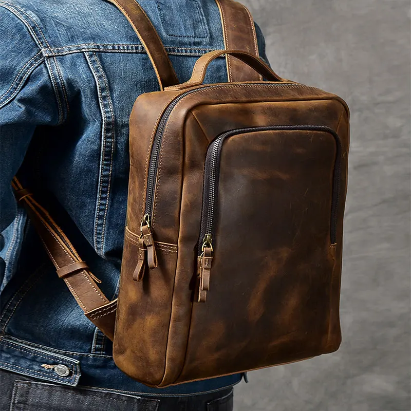 

Brand Designer Men Crazy Horse Genuine Leather Backpack Oil Leather Vintage Daypack Multi Pocket Rucksack Handmade Tote Bolsa