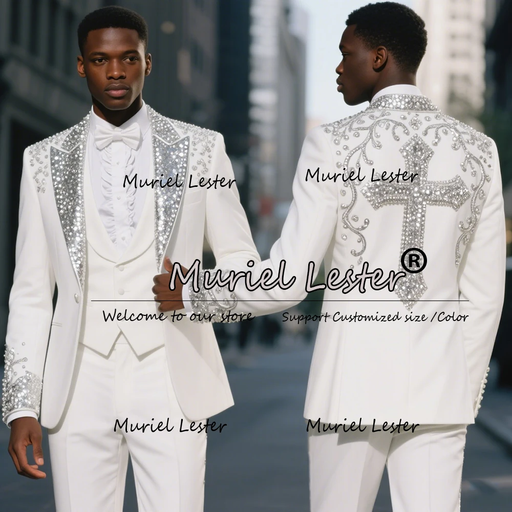 

Luxury Beaded Stones Suits Men For Wedding Sparkly Sequins Label Groom Blazers Customized 3 Pieces Sets Male Fashion Man Tuxedos