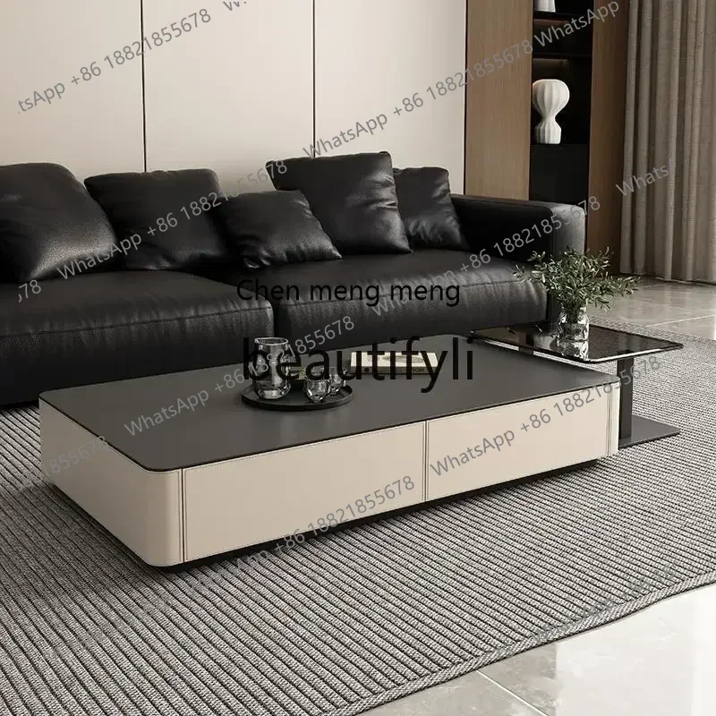 SS S7486 Italian light luxury rock slab coffee table, combined living room home retro style solid wood high-end saddle leather T