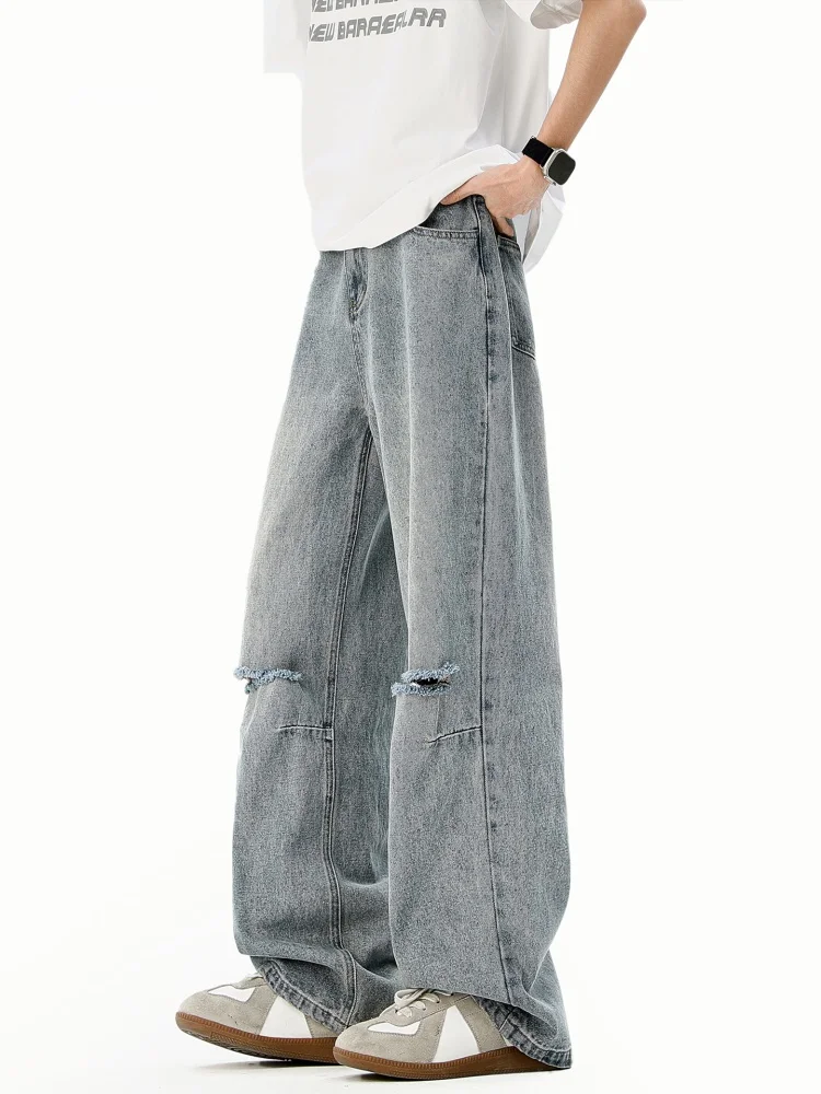 

American High Street Wide Leg Jeans Men Summer Thin Faion Design Sense Cool Loose Jeans Cotton Polyester Blend Wear Resistant