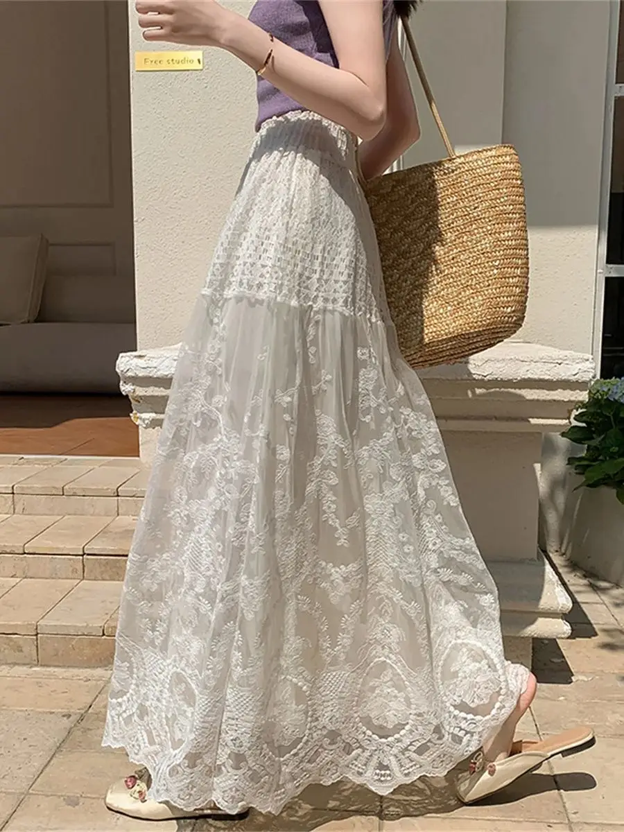 

New Fashion Solid Lace Splice Mesh Long Maxi Skirt For Women Vintage Embroidery A-line Big Swing Skirts