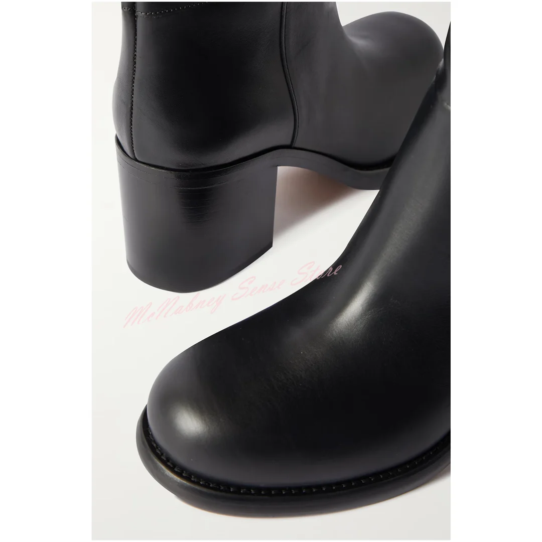 Cow Leather Thigh High Boots Round Toe Chunky High Heels Solid Slip On New Designer Long Boots Women Sexy Shoes Winter Party