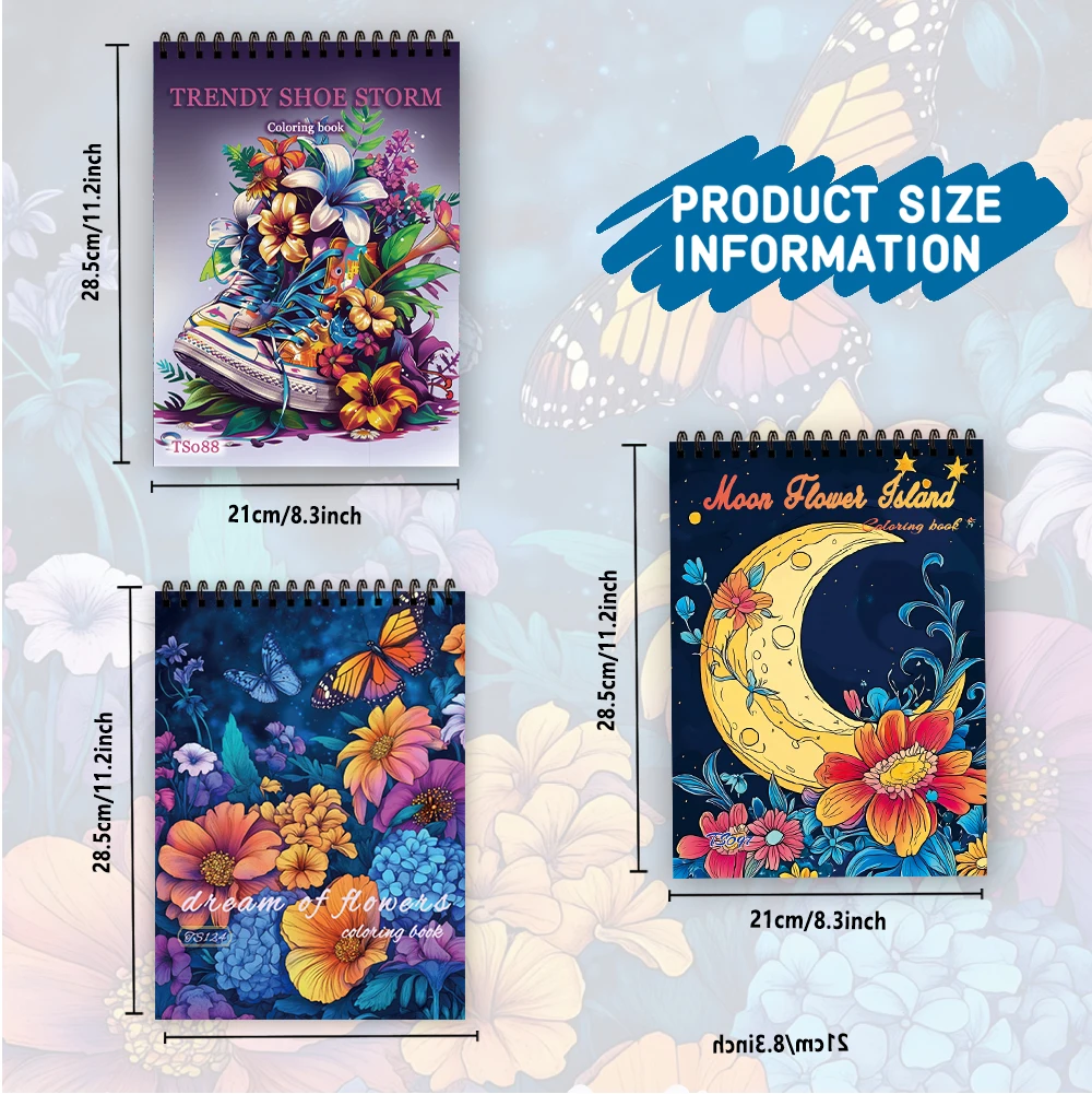 3pcs Women Coloring Book Set, Fantasy Star Moon & Floral Patterns, 30 Pages, Spiral Bound, Stress Relief Relaxation Gift Option