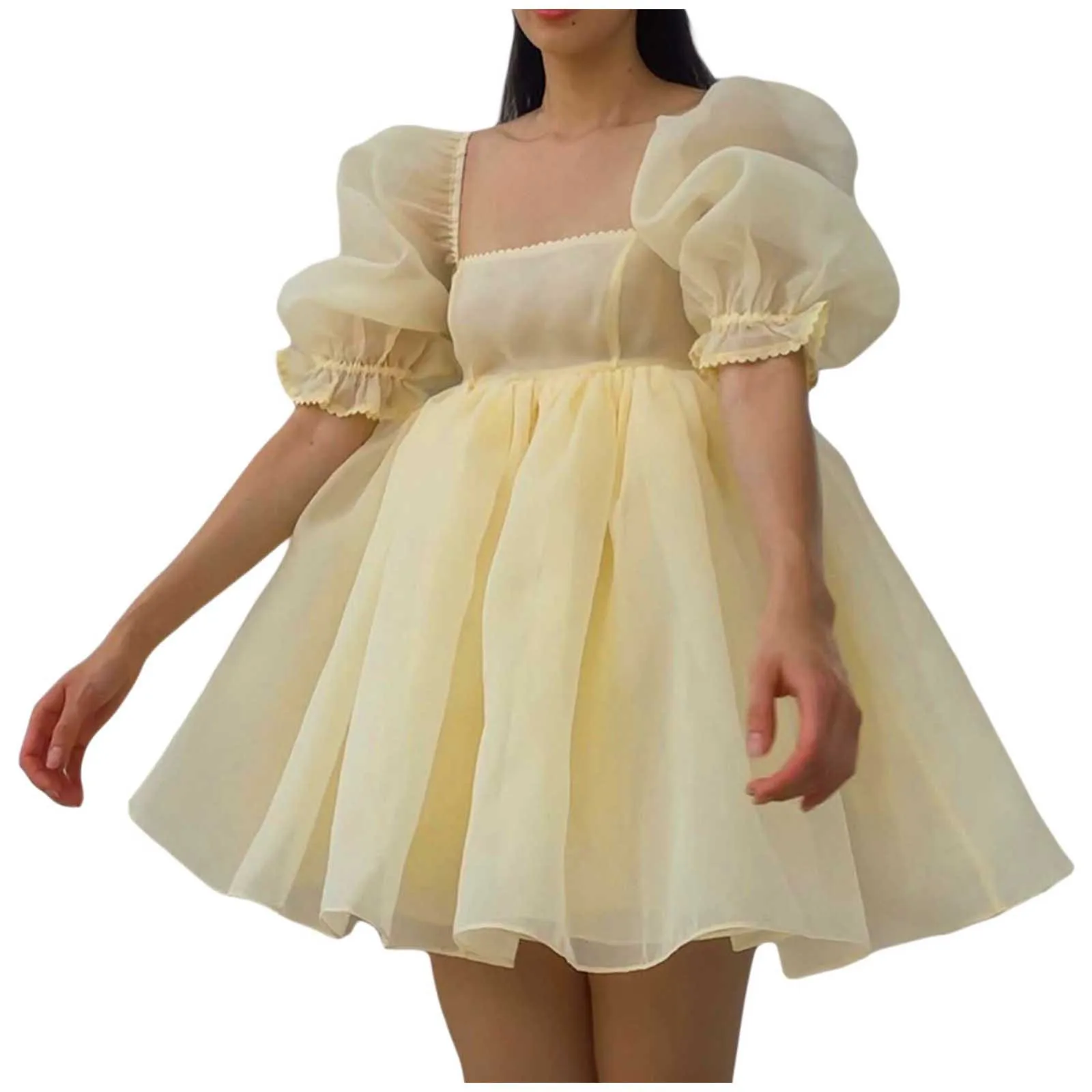 Women Puff Sleeve Tulle Tutu Princess Mini Dress Square Collar Mesh Ruffle Bubble Wedding Evening Party Prom Fairy Dress Summer