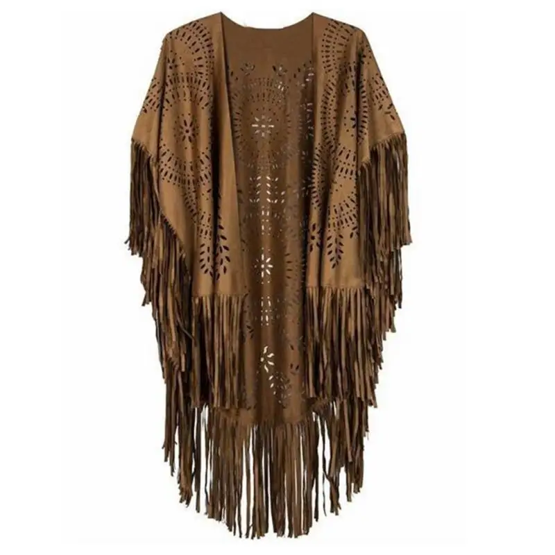 

652F Женский жилет с кисточками 70-х годов Хиппи из искусственной замши без рукавов с бахромой Куртки Верхняя одежда Летний с