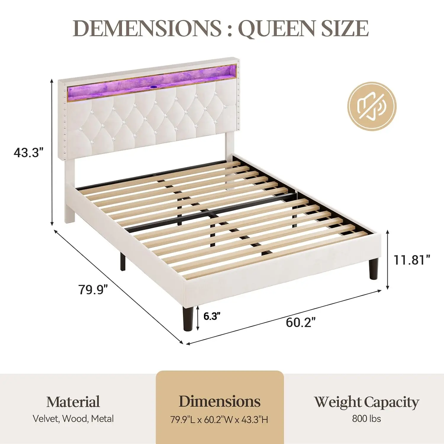 Queen Bed Frame with Storage Headboard, Velvet Upholstered Platform Bed Frame Queen Size with Led Lights and Handy, Customized