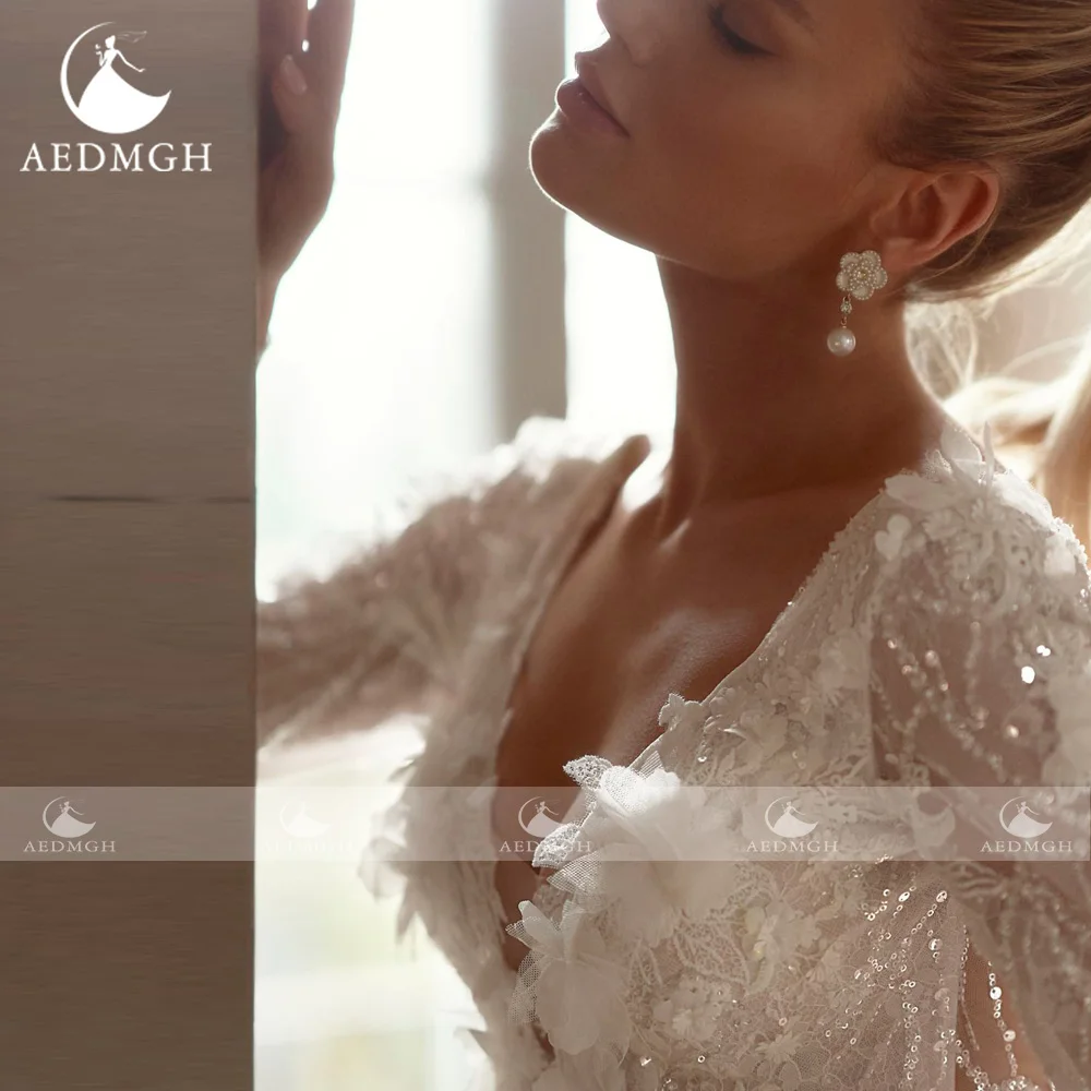 Aedmgh A-Line vestidos De Novia elegantes festoneados Vestido De Novia De manga larga Apliques De encaje flores 3D Vestido De Novia hecho a medida