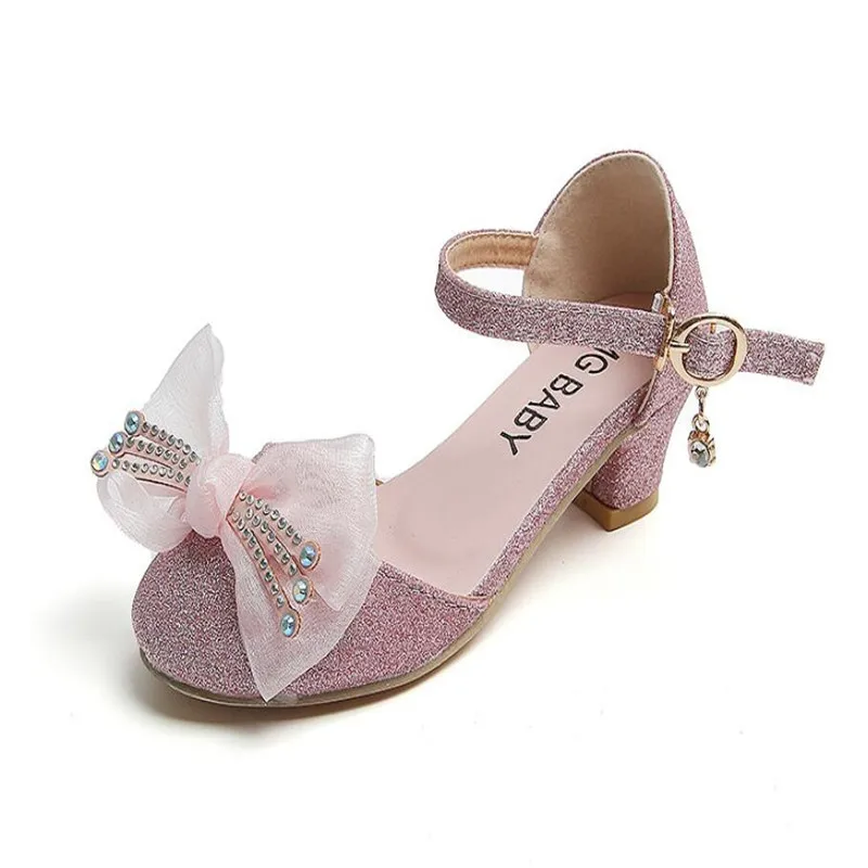 Zapatos de tacón alto para niña, sandalias de fiesta de princesa con lazo de diamantes de imitación, zapatos de cristal para niña pequeña, zapatos de baile para estudiantes