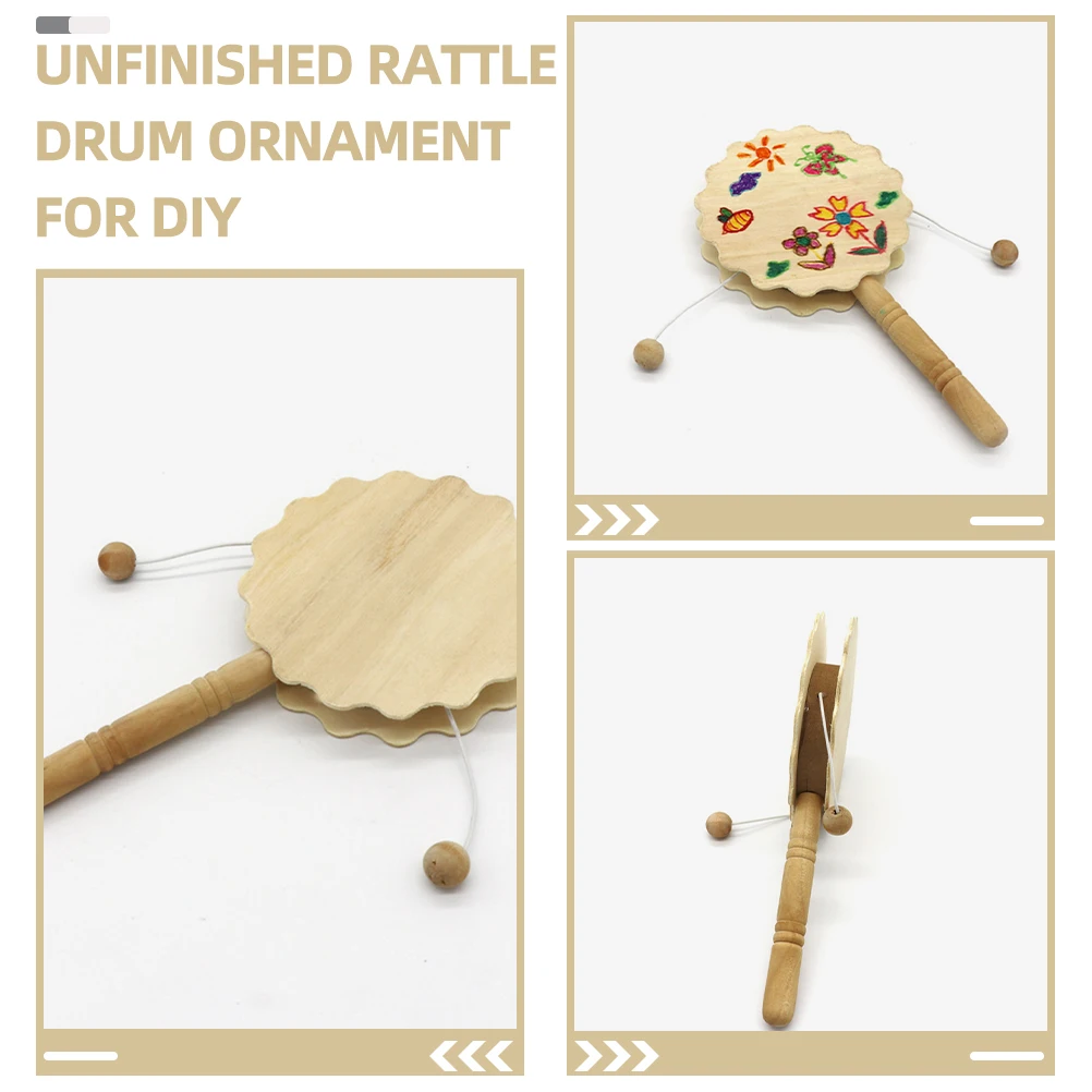 

3 Unpainted Rattle-drum White Embryo Wooden DIY Craft Kids Painting Plaything Blank Wooden Instrument Sewing Accessories