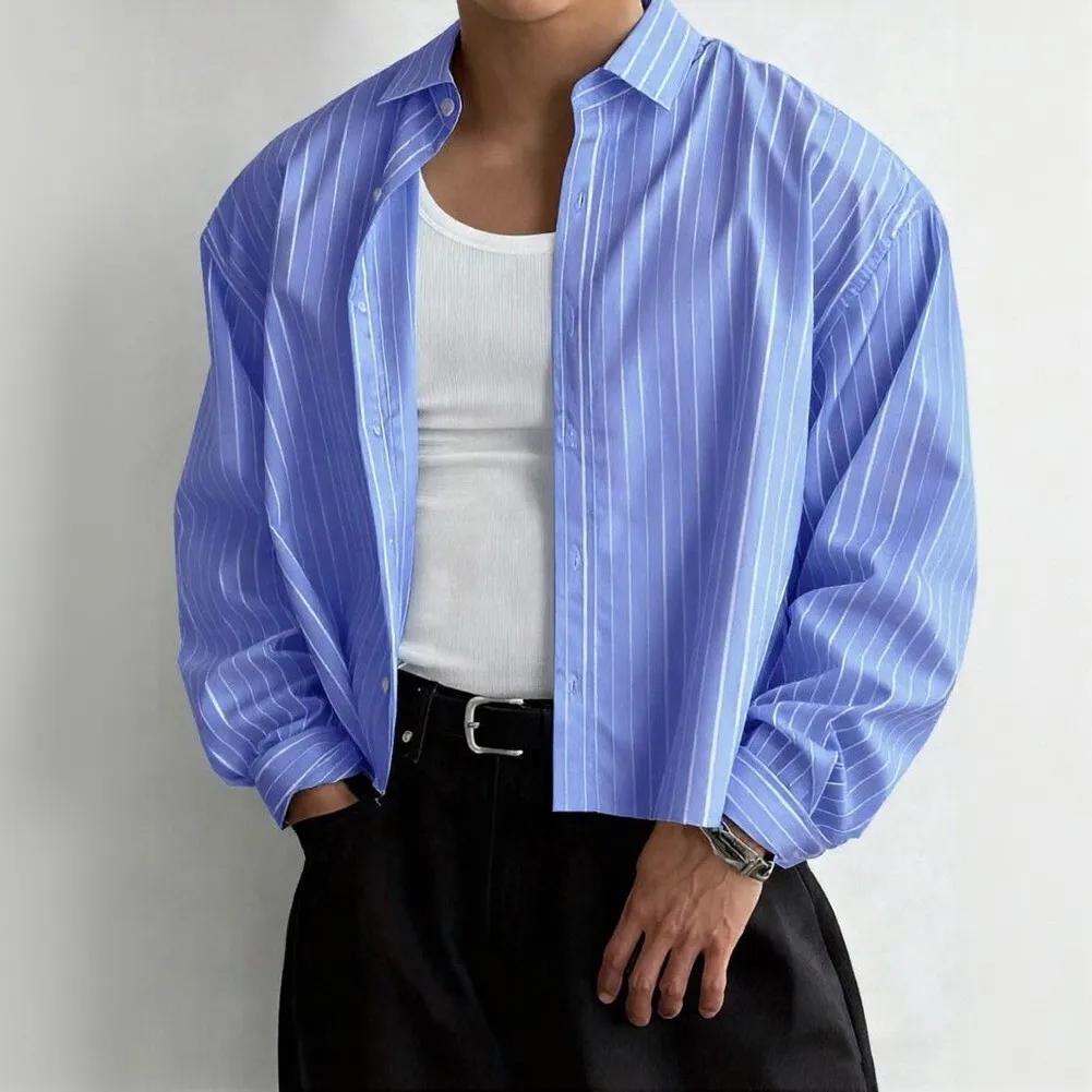 Mens Fashion Loose Style Casual Striped Cropped Shirt And Blouse Man's Lapel Collar Long Sleeved Shirts Tops