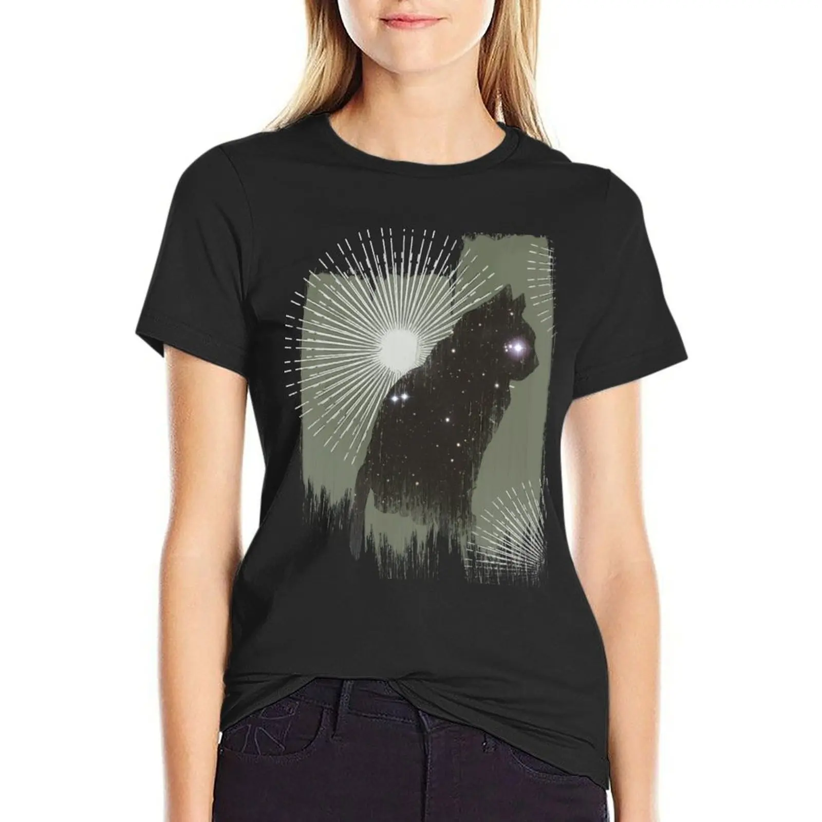 

Cosmos Cat on green brush T-Shirt funny animal prinfor new edition tops t shirts for Women