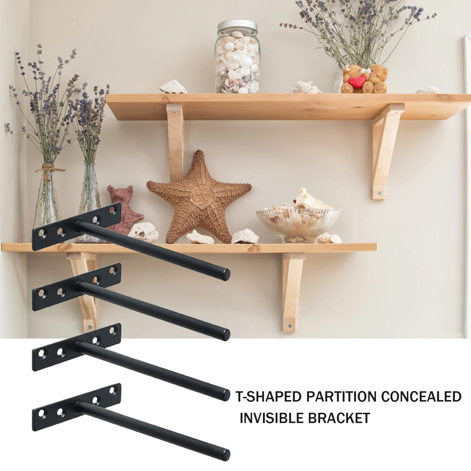 

4PCS T Shape Concealed Shelf Brackets Floating Wall Shelf Supports Screw Mounting Plate Shelf Bracket Concealed Metal Brackets