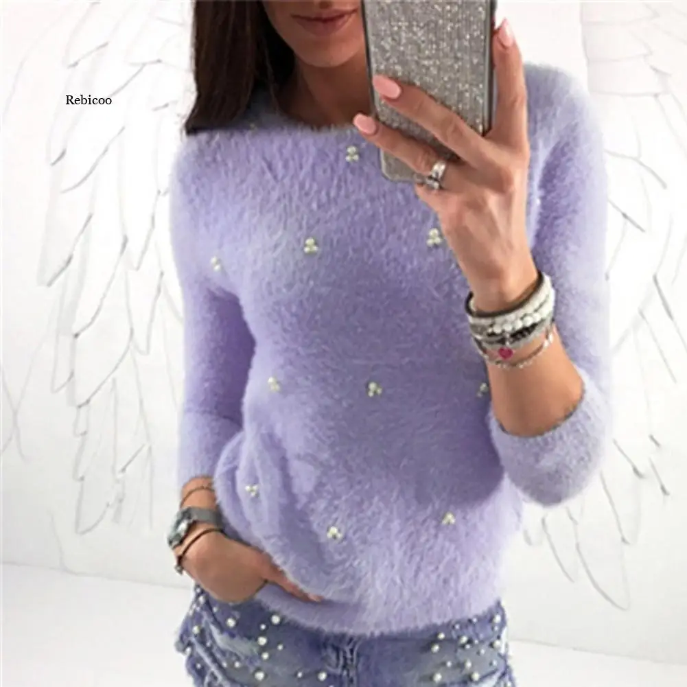 

Solid Color Sweaters Women Faux Pearl Beading O Neck Sweaters for Women Autumn Winter Warm Plush Sweater Pullovers pull femme