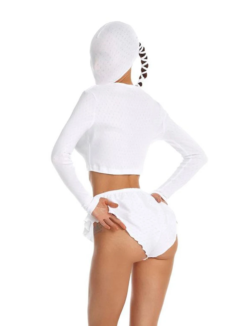 Marthaqiqi Home Clothes Women Sexy V-Neck Sleepwear Long Sleeve Nightgowns Crop Top Nightwear Shorts Casual Nightie 2 Piece Suit