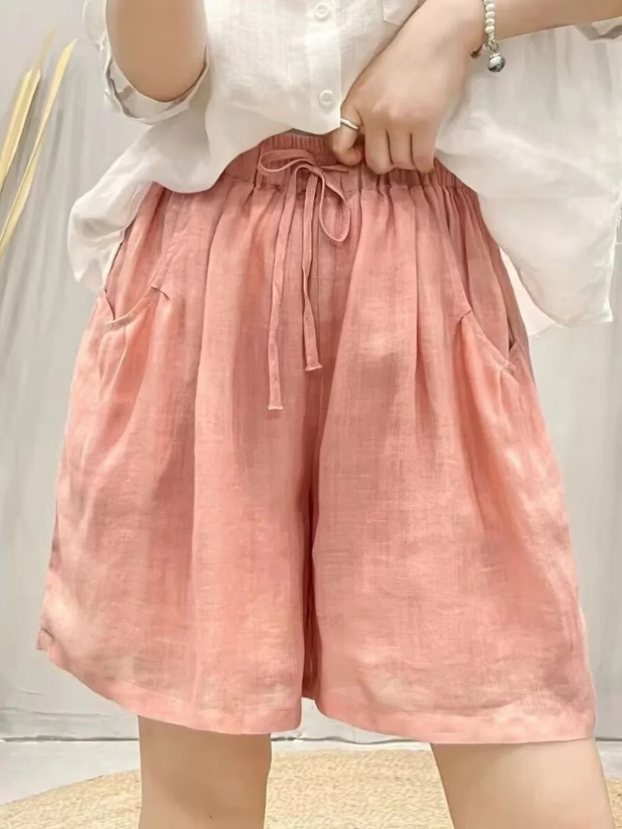 カジュアルな綿麻素材のオルトパンツ、ゆったりとしたハイウエスト、ストレートレッグ、薄手、ベルト付き、レディースプラスサイズ、夏のレジャーパンツ