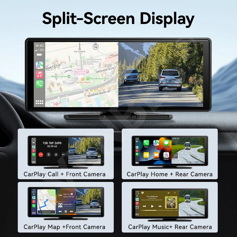 VENBES 10.26 นิ้วแบบพกพา 4K DVR รถวิทยุไร้สาย CarPlay Android Auto Mirrorlink Build-in รถมัลติมีเดีย Player หน้าจอสัมผัส