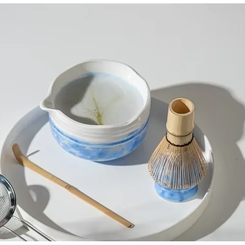 Japanese Style Ceramic Matcha Tea Set with Bamboo Whisk Stand Traditional Green Tea Bowl Kit for Home Ceremony Gift Premium