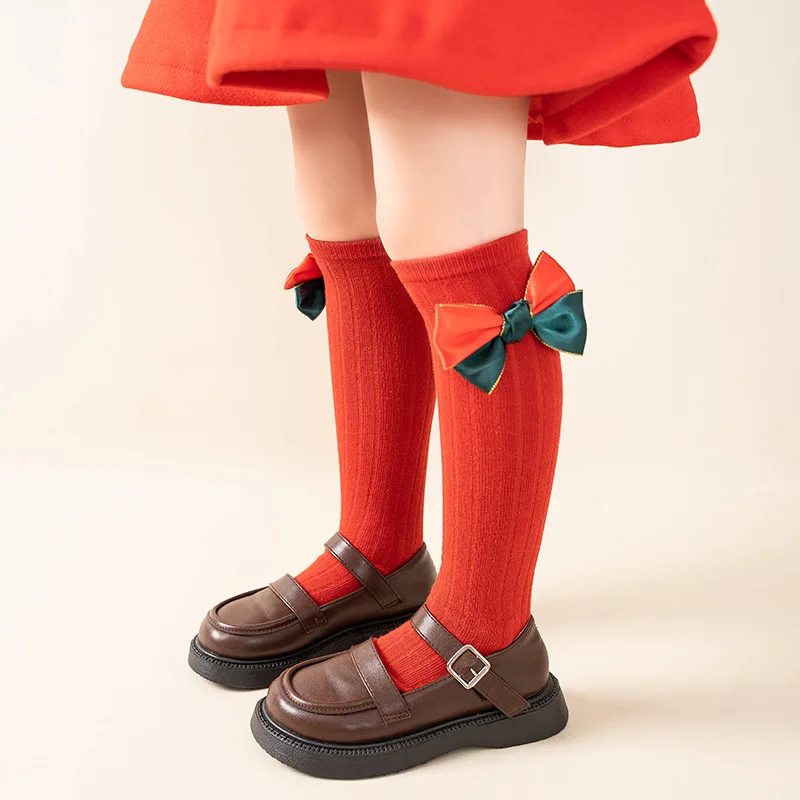 Red/Green Girls Christmas Tube Socks Autumn Winter Solid Kids Knee High Socks Big Bow Soft Toddlers Princess New Years Long Sock