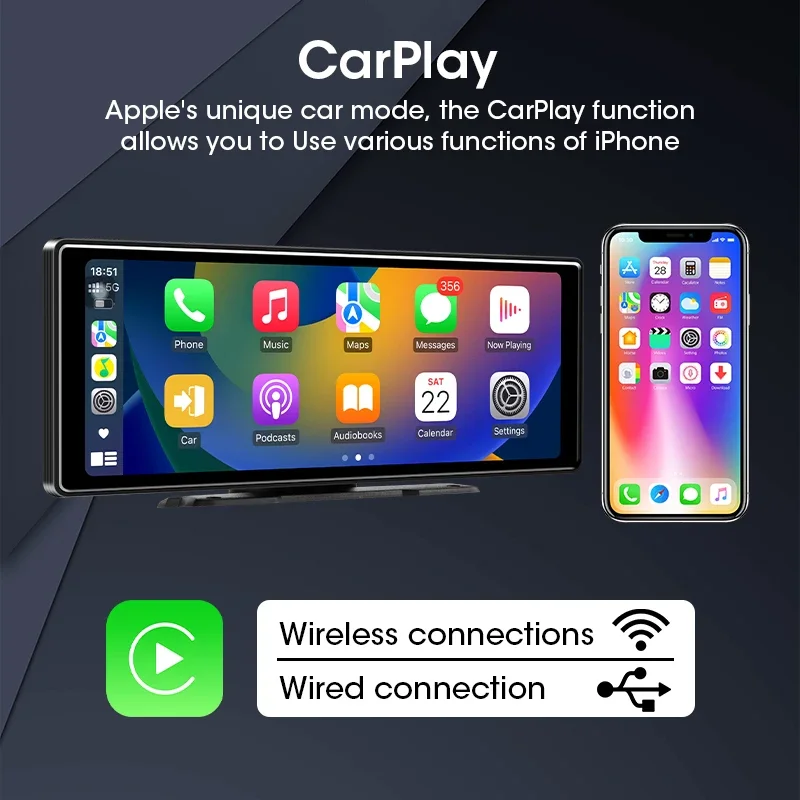 Develuck 10.26 Inch 4K Portable Wireless Carplay Screen Android Auto Car Radio Multimedia Player Touch Srceen BT Video Stereo