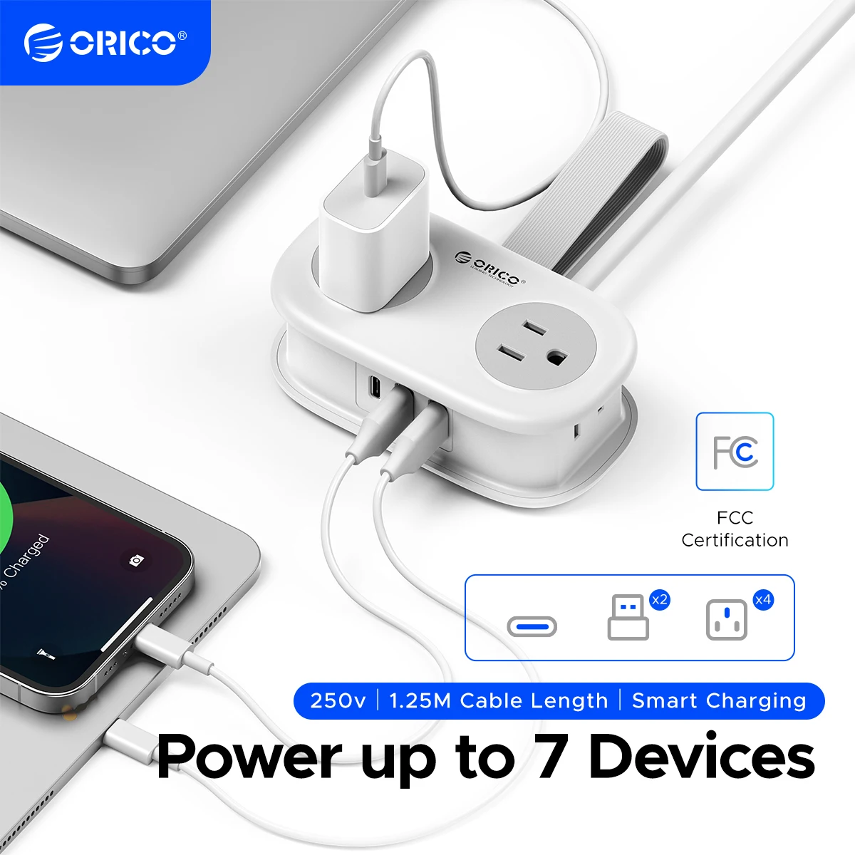 ORICO US Plug Power Strip 4AC 3USB Multi Socket Extension Cord Electrical Power Strip with USB Type C PD Fast Charging