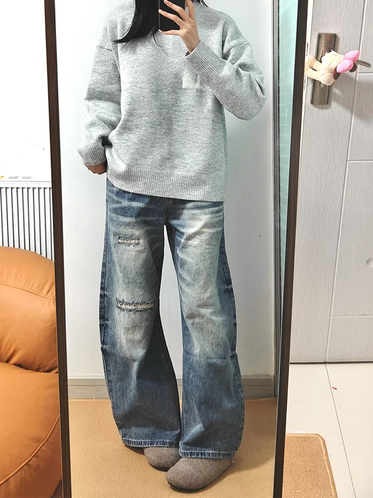 

plus Size American Retro Distressed Unique Design Denim Jeans Women Casual Versatile Fake Hole Wide Leg Long Pants