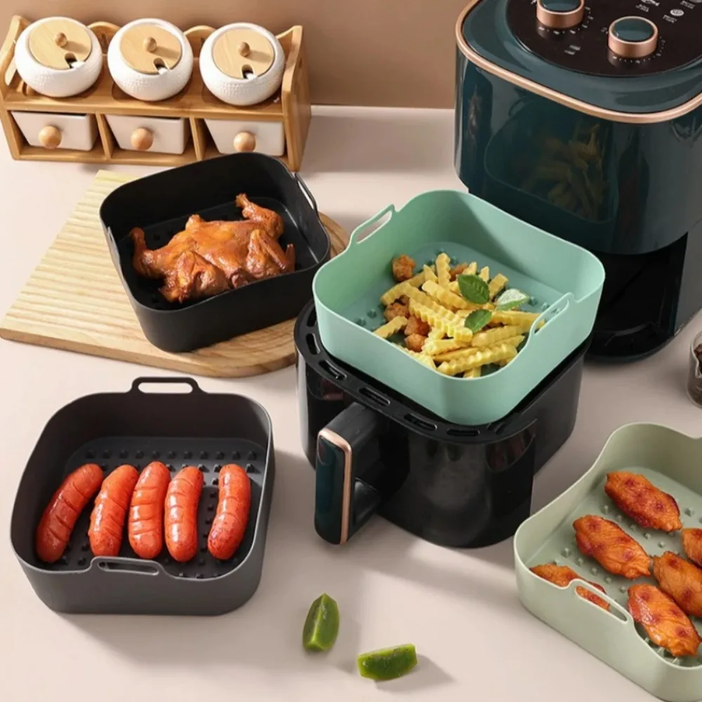 Square Air Fryer Silicone Pot Liner Food‑Grade Reusable Non‑Stick Basket with Handles Air Fryer Baking Cooking Accessories