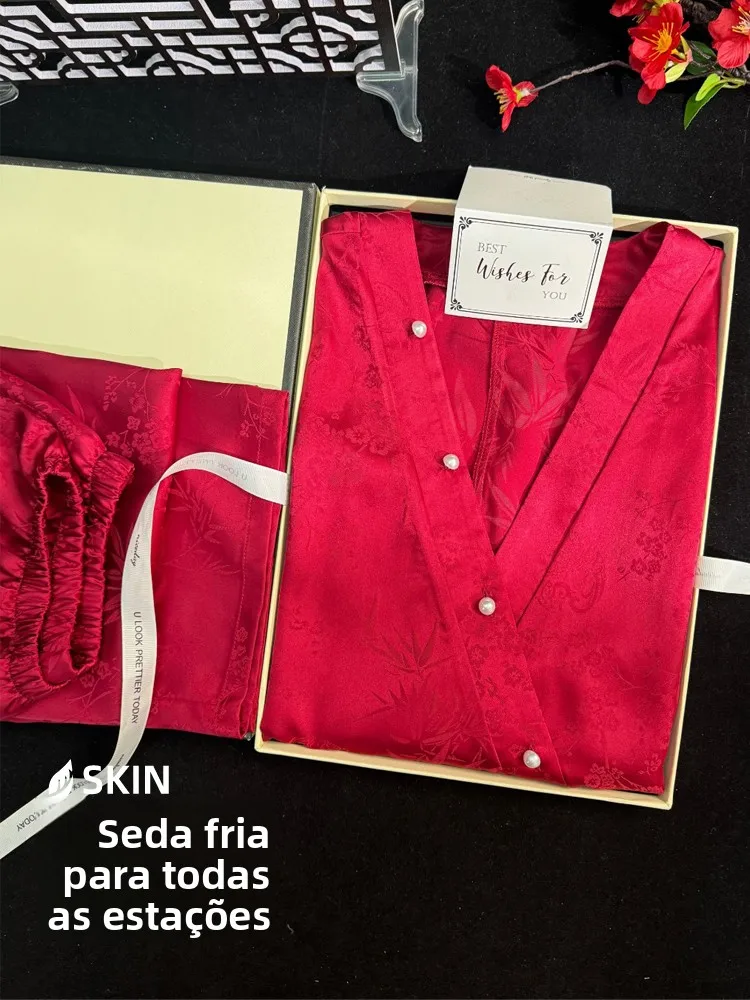 Novo Conjunto de Pijamas de Seda Vermelha Estilo Chinês para Mulheres, Manga Longa, Primavera Verão, Caixa de Presente de Cas...