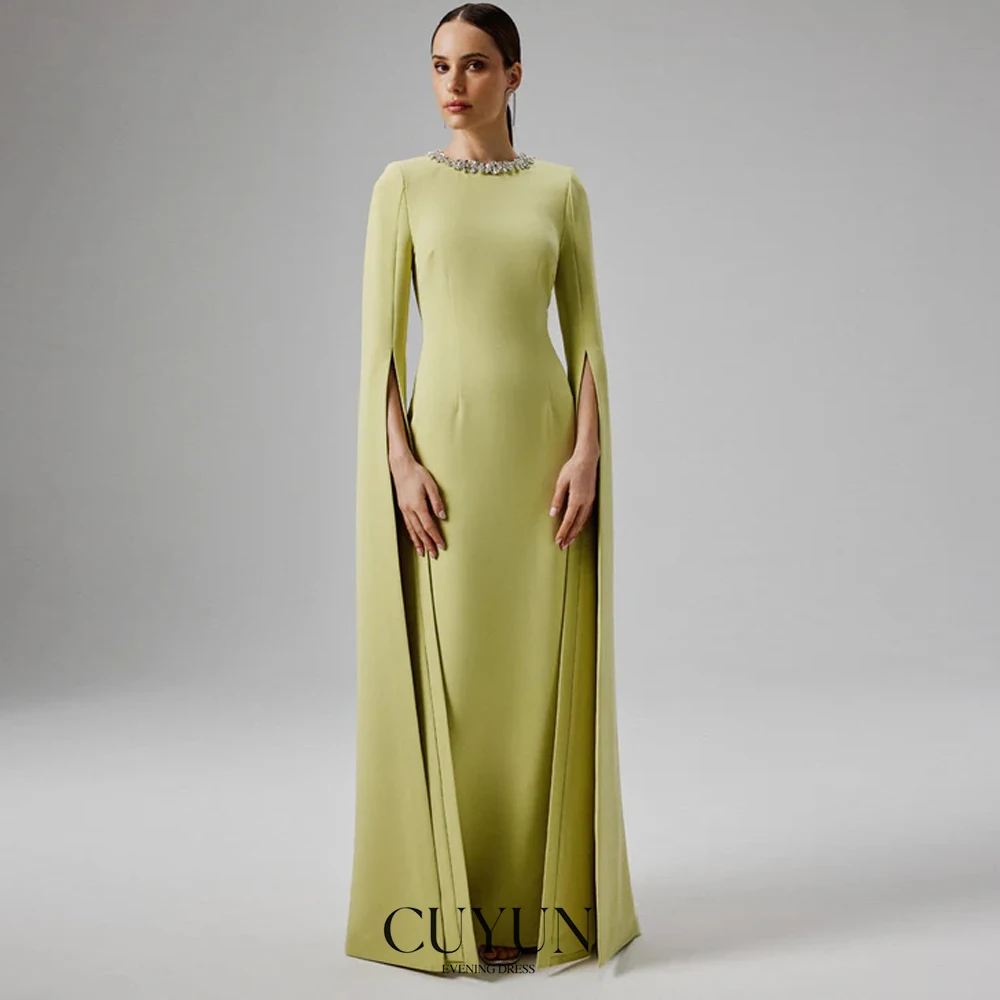 

CUYUN 2025 Sage Cape Sleeves Women Evening Dresses Scoop Collar Beading Modest Elegant Slit Flare Sleeves Formal Occasion Gown