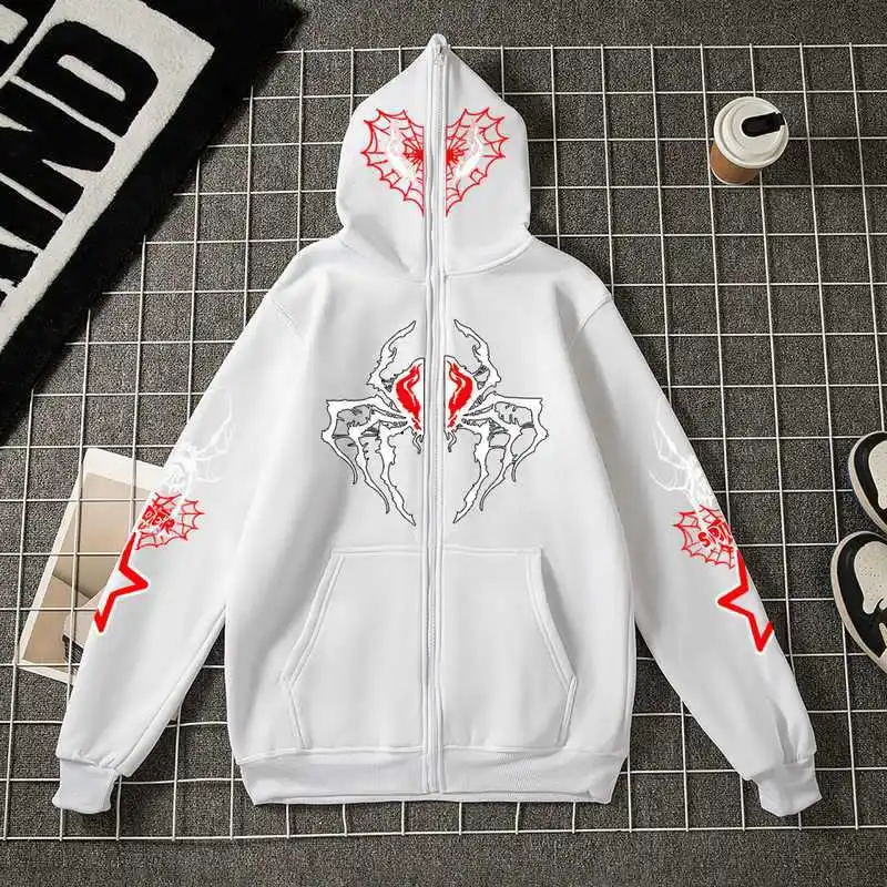 Goth Y2k Streetwear Women Printing Spider Zip Up Hoodie Women Clothes Harajuku Long Sleeve Anime Oversize Hoodie Men Women