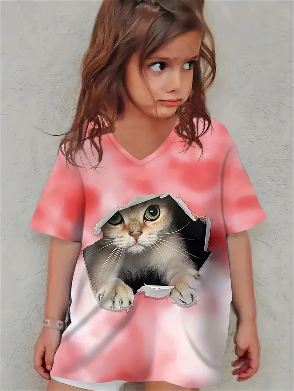 Camiseta infantil de manga curta estampada em 3D, tops casuais das meninas, roupas infantis, moda verão