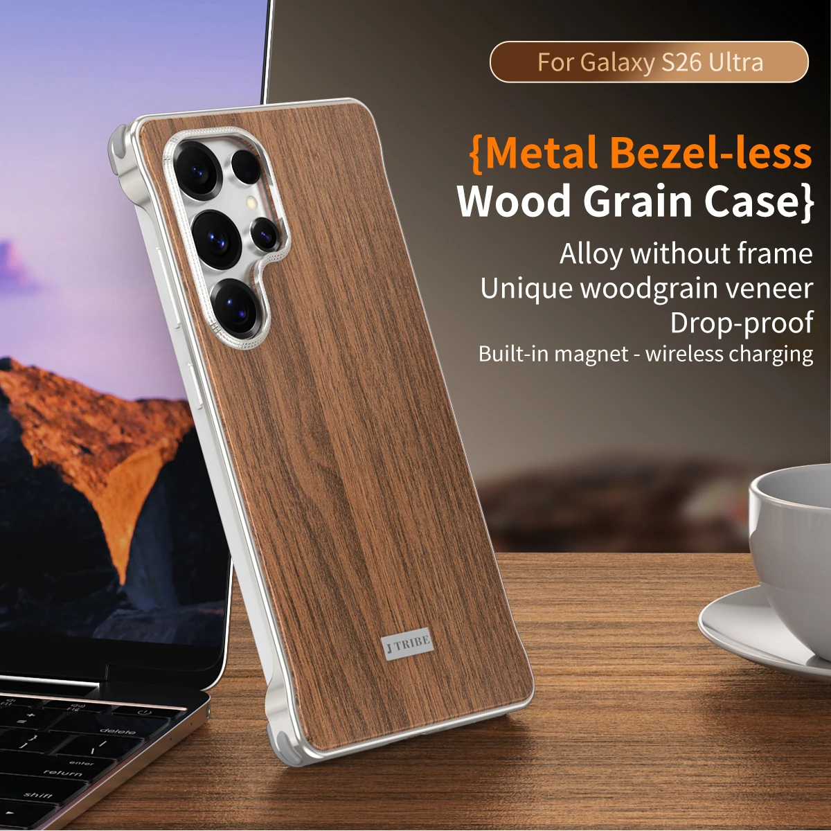 Case For Samsung Galaxy S26 Ultra Magnetic Metal Bezel-free Design Wood Grain Four-corner Anti-drop Cover For Samsung S26 Ultra