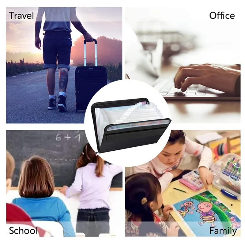 T04C-13 Pockets Expanding File Folder A4 Plastic Document Wallet Organizer For Personal Office Stationary Storage(Black)