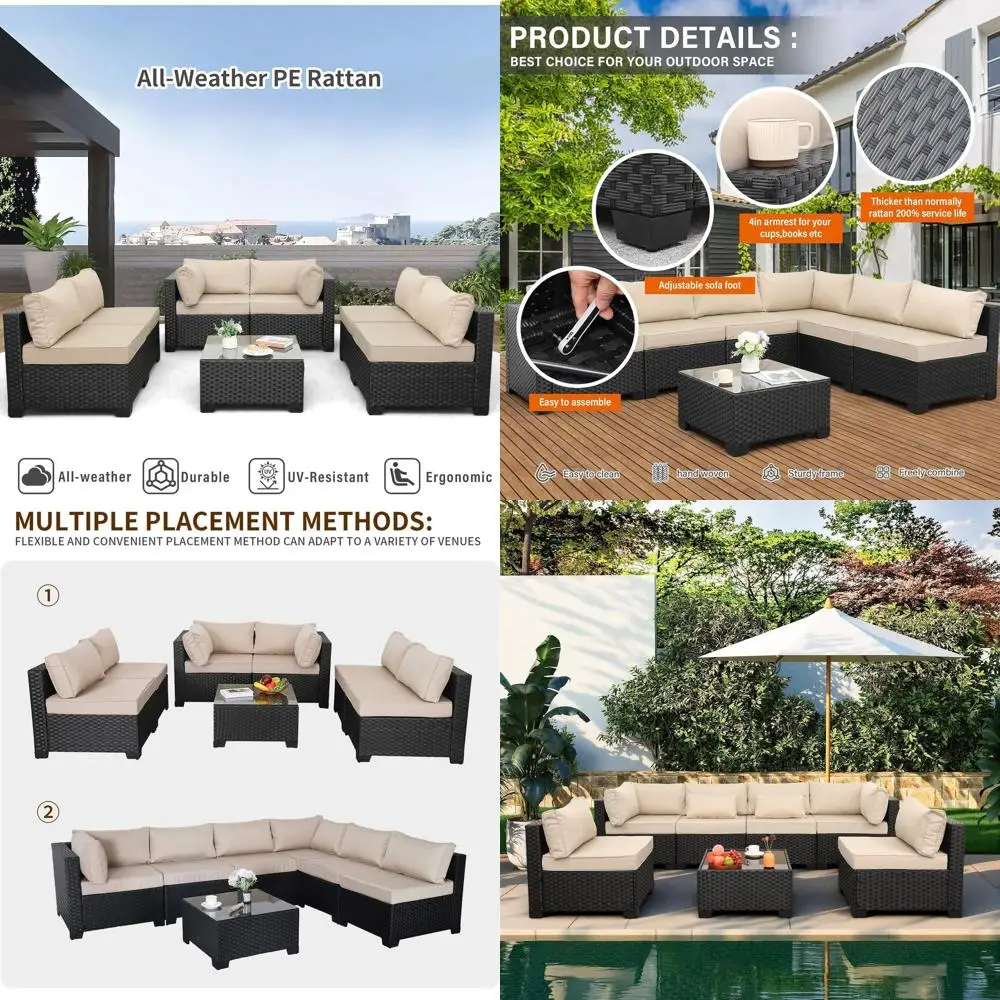 

Khaki 7-Piece Outdoor Wicker Patio Sectional Sofa Set with Glass Table and Cushions