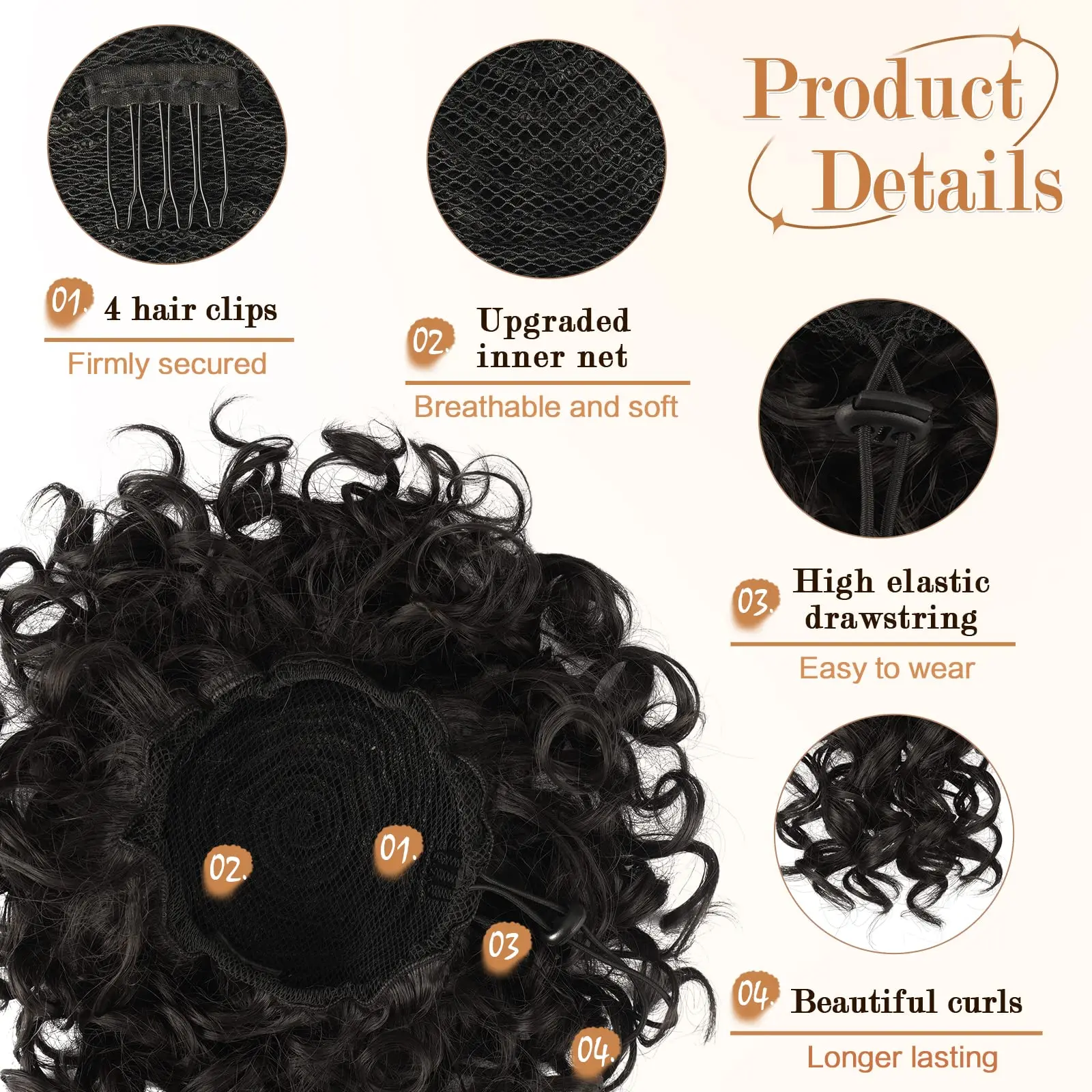Synthetisches, unordentliches Dutt-Haarteil, 60 g, elastischer Kordelzug, lose Wellen, lockiges Haar, Dutts, Haarteil-Erweiterungen für Frauen, Dunkelbraun – Detail 4
