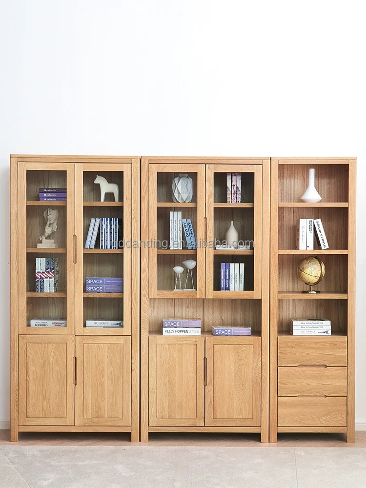 A4173 Nordic Simple Modern Solid Oak Wood Glass Doors Bookcase Bookshelf
