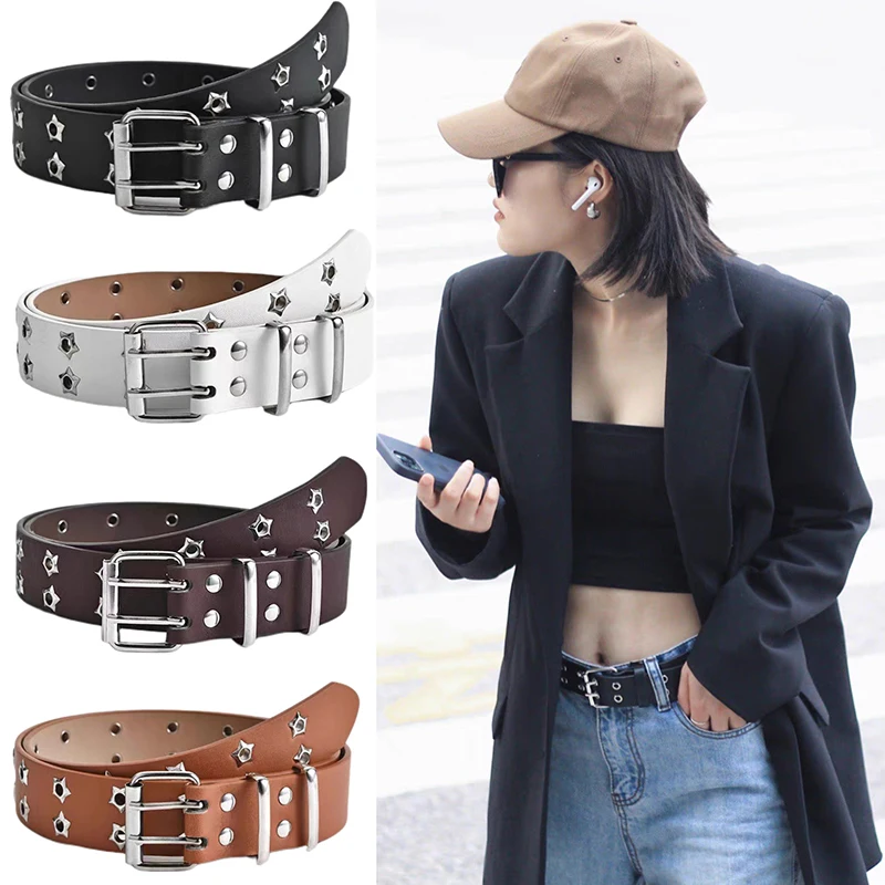 Fashion Men Women Punk Style Chain Belt Adjustable Hollow Star Double Breasted Buckle Metal Buckle Leather Jeans Waistband