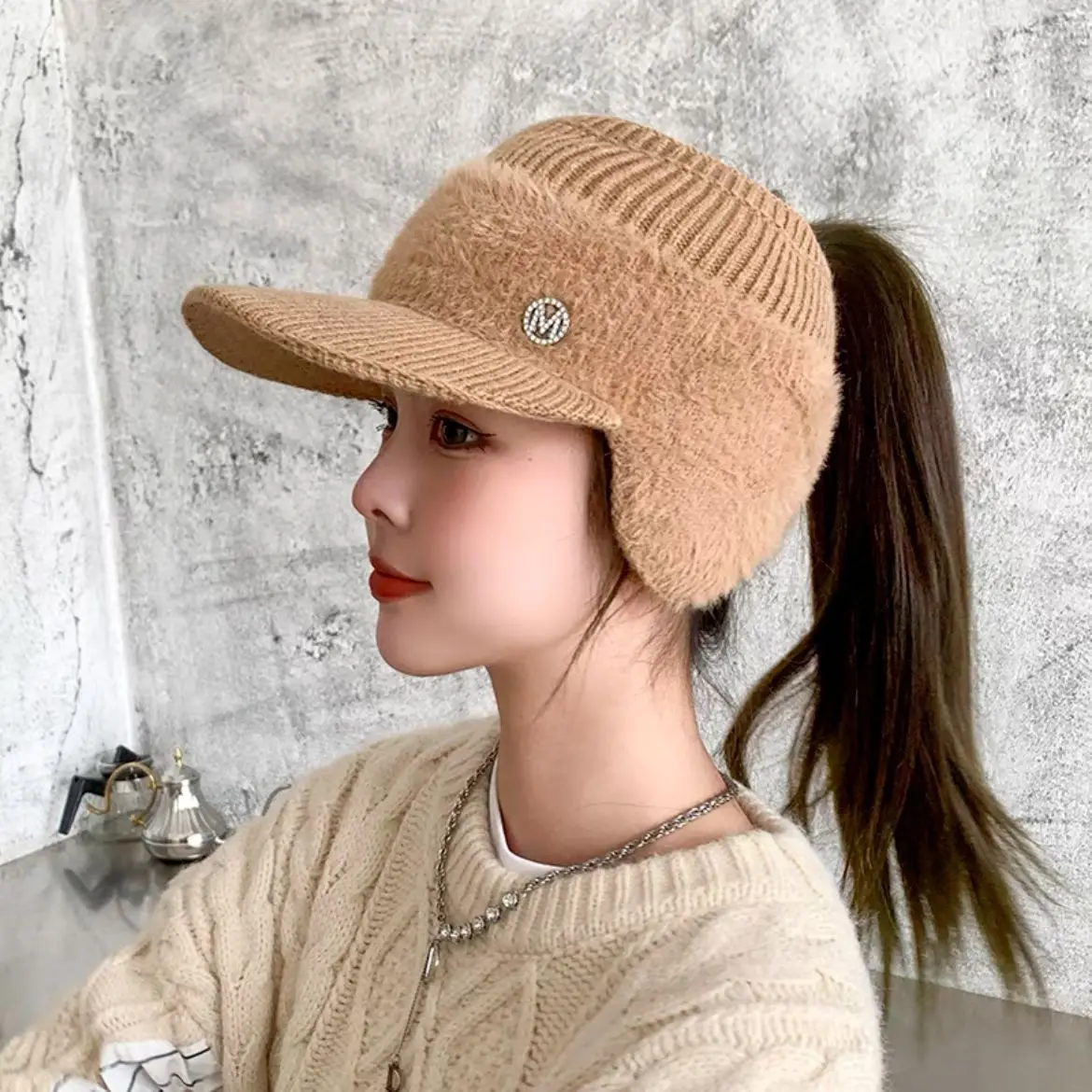 New Cool Women Warm Ponytail Earflaps Caps Hat Knitted Female Autumn Winter Lady Mom Baseball Cap Hat For Women