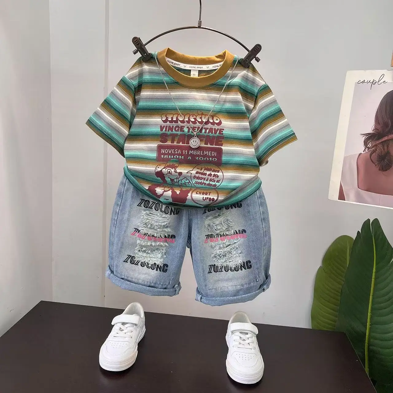 

2026 New Summer Outfit Baby Boy Clothes Striped Letter Short Sleeve Pullover Shirt+Jeans Shorts 2pcs Children Boutique Sport Set