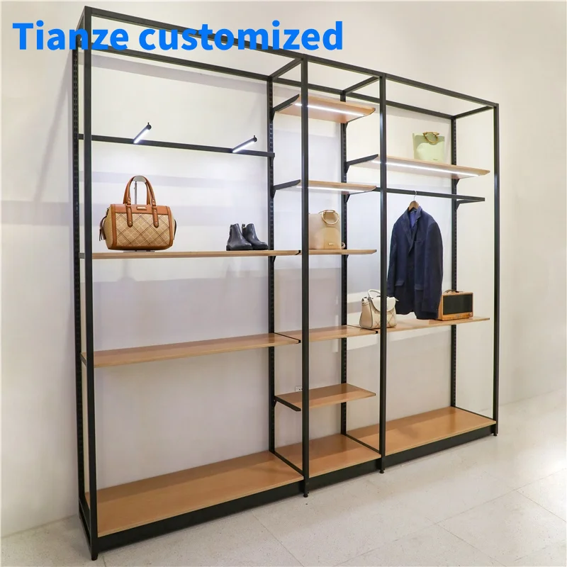 （customized）Modern New Design Wood Metal Clothing Display High End Customized  Floor Fashion Clothing Racks Shops