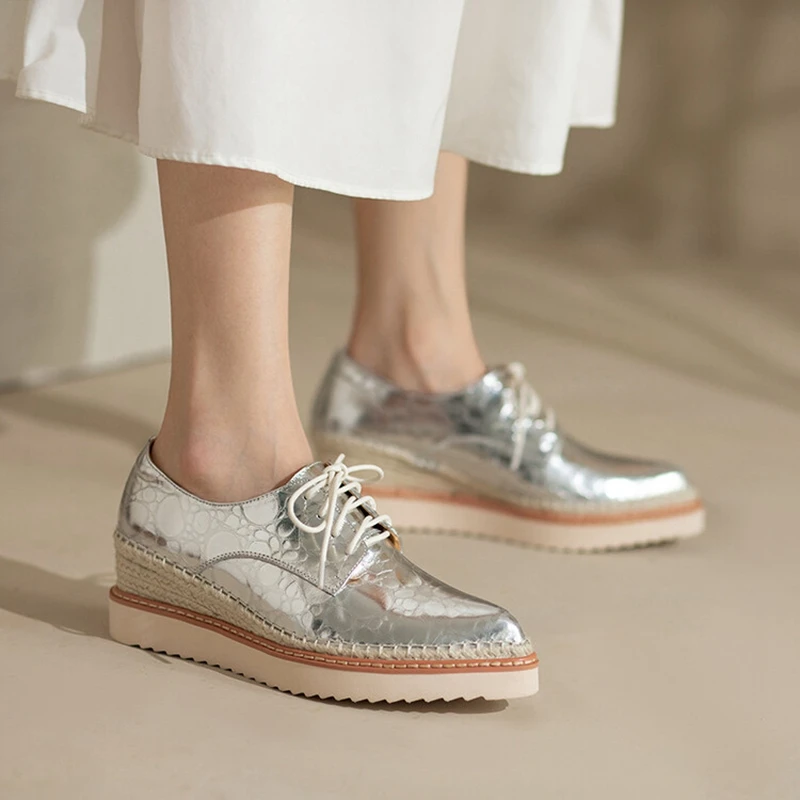 2023 Spring/Autumn Women Shoes Pointe Toe Wedges Shoes Genuine Leather Platform Women Pumps Fashion Lace-up Silver Female Shoes