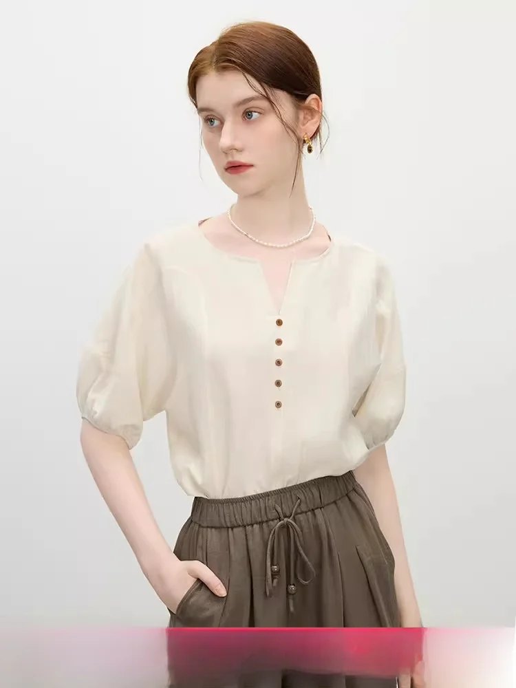 

Женская рубашка Fan Si Lan с V-образным вырезом и коротким рукавом, свободного кроя, повседневная, летняя, новый стиль, стройнящая, удобная, дышащая