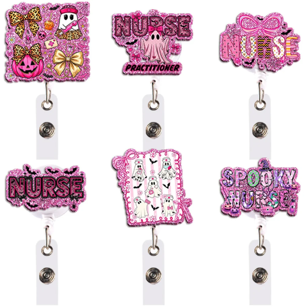 Cute Pink Nurse Badge Reel Retractable ID Holder Spooky Ghost Bow Halloween Gift for Party Cosplay Concert Festival