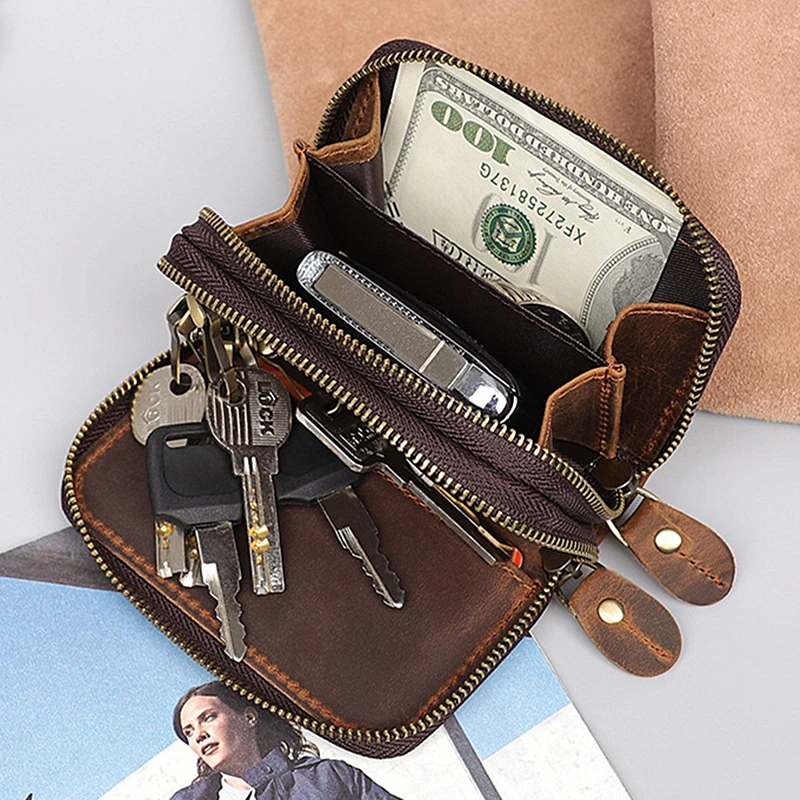 Genuine Leather Key Wallets Men Vintage Handmade Zipper Car Key Holder Cowhide Keys Organizer Women Housekeeper Case Coin Purse