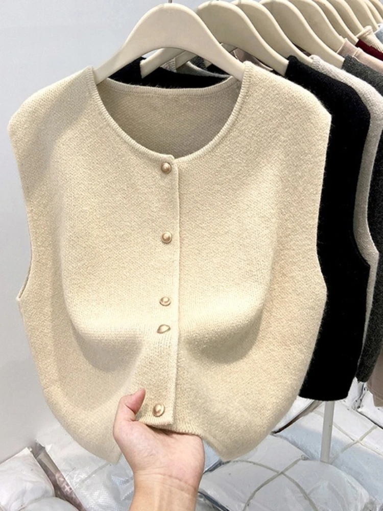 Autumn Winter Women's Knitted Vest Top with Retro Style Casual Layering Round Neck Cardigan Fashionable Versatile Sweater Jacket