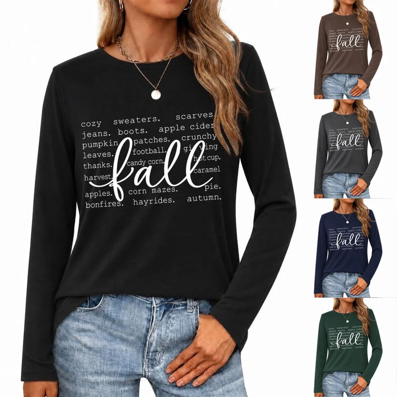 Fall Word Collage Long Sleeve Shirt Women Fun Pumpkin Football Autumn Quote Graphic Tee Casual Long Sleeve Thanksgiving T-shirts