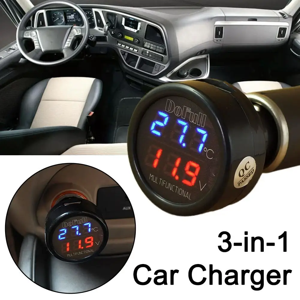 12V 24V Digital Car Voltmeter Thermometer Cigarette Lighter 2 in 1 Battery Monitor Voltage Temperature