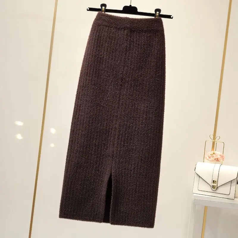 Mink velvet skirt female autumn and winter mid-length knitted one-step skirt split straight winter skirt casual solid long skirt