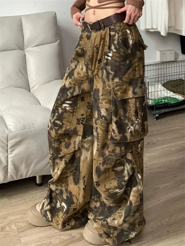 

Women's Camouflage Snake Print High Waisted Vintage Trousers Cool Girl Simple Street Straight Bottoms Female Wide Leg Thin Pants